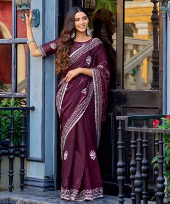 Wine embroidery work shimmer chiffon saree with unstitched blouse 2