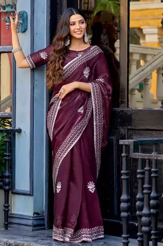 Wine embroidery work shimmer chiffon saree with unstitched blouse