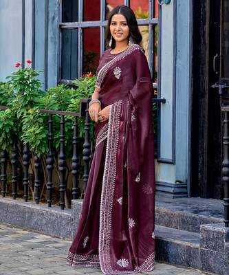Wine embroidery work shimmer chiffon saree with unstitched blouse 3