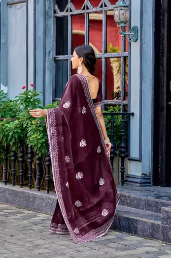 Wine embroidery work shimmer chiffon saree with unstitched blouse