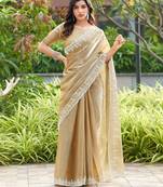 Beige embroidery work shimmer chiffon saree with unstitched blouse