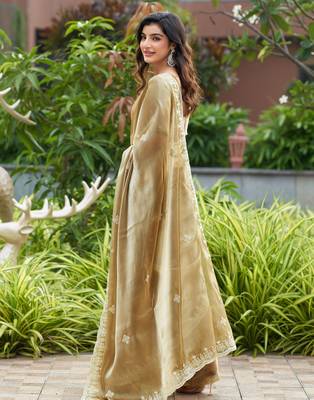 Beige embroidery work shimmer chiffon saree with unstitched blouse 4