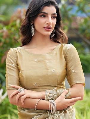 Beige embroidery work shimmer chiffon saree with unstitched blouse 5
