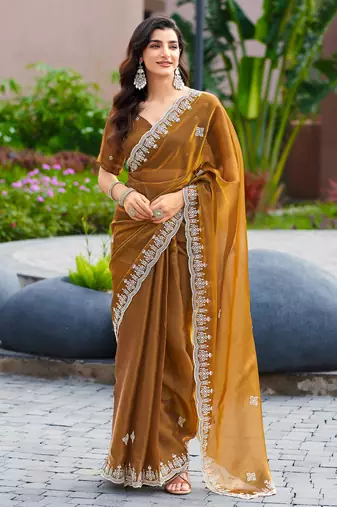 Brown embroidery work shimmer chiffon saree with unstitched blouse