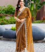 Brown embroidery work shimmer chiffon saree with unstitched blouse