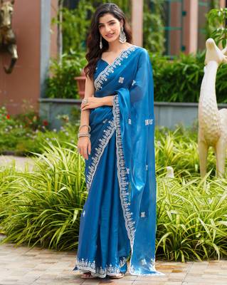 embroidery work shimmer chiffon saree with unstitched blouse 1