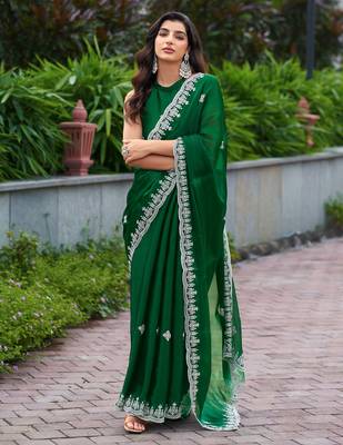 embroidery work shimmer chiffon saree with unstitched blouse 1