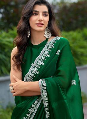 embroidery work shimmer chiffon saree with unstitched blouse 2