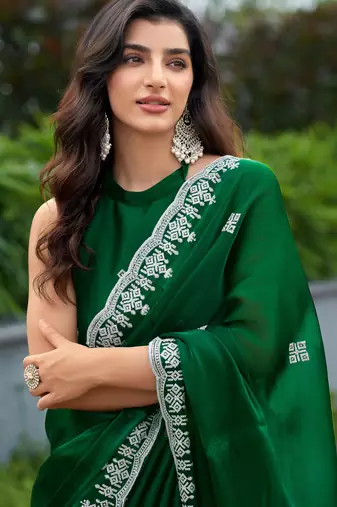 embroidery work shimmer chiffon saree with unstitched blouse