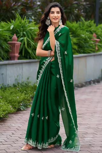 embroidery work shimmer chiffon saree with unstitched blouse