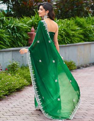 embroidery work shimmer chiffon saree with unstitched blouse 4
