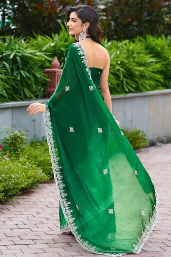 embroidery work shimmer chiffon saree with unstitched blouse