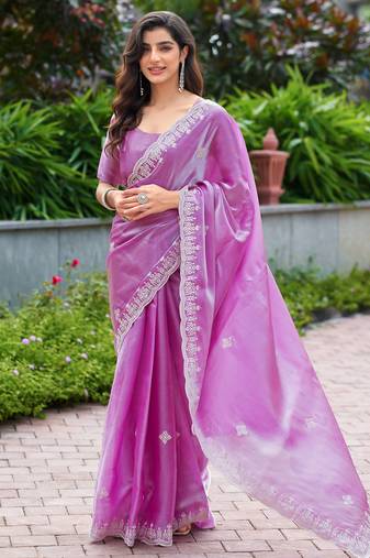 Light pink embroidery work shimmer chiffon saree with unstitched blouse