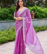 Light pink embroidery work shimmer chiffon saree with unstitched blouse