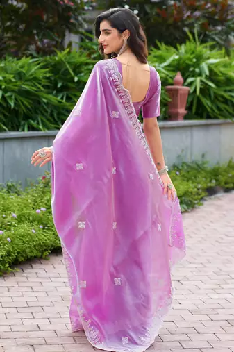 Light pink embroidery work shimmer chiffon saree with unstitched blouse