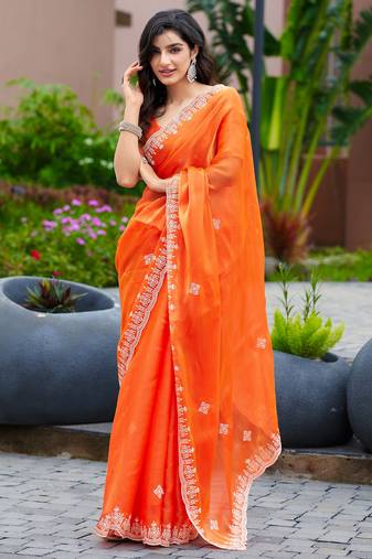 Orange embroidery work shimmer chiffon saree with unstitched blouse