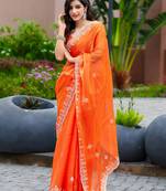 Orange embroidery work shimmer chiffon saree with unstitched blouse