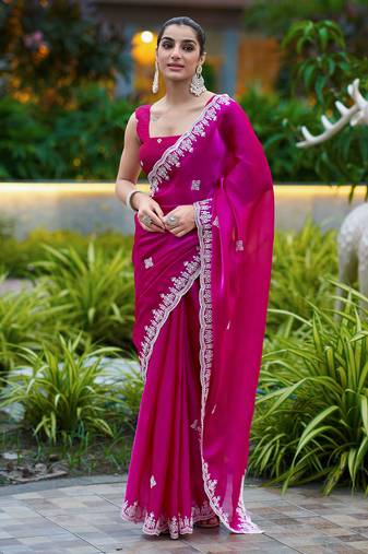 Pink embroidery work shimmer chiffon saree with unstitched blouse