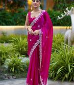 Pink embroidery work shimmer chiffon saree with unstitched blouse