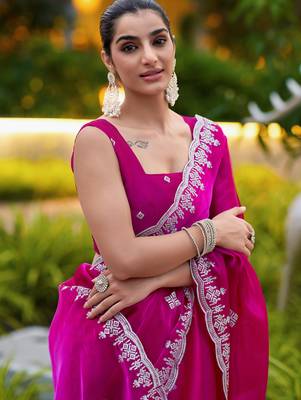 Pink embroidery work shimmer chiffon saree with unstitched blouse 2