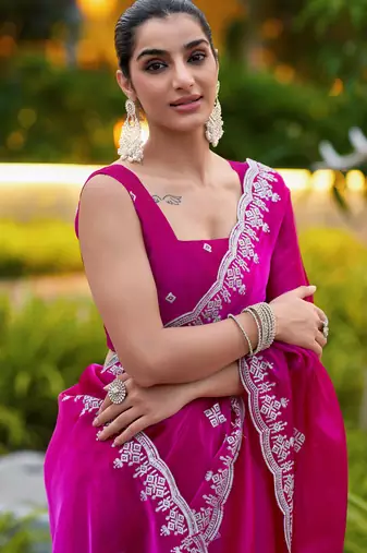 Pink embroidery work shimmer chiffon saree with unstitched blouse