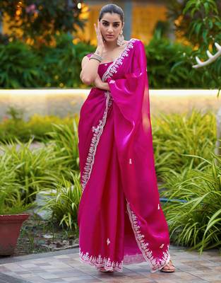Pink embroidery work shimmer chiffon saree with unstitched blouse 3
