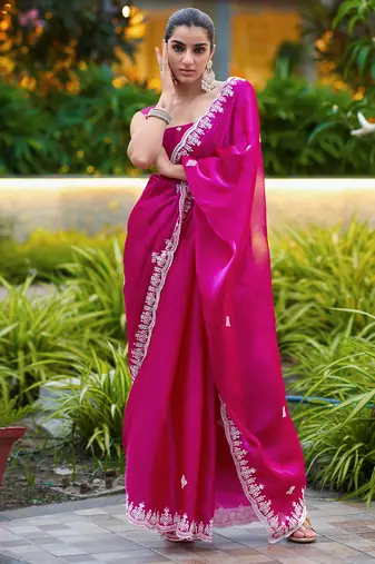 Pink embroidery work shimmer chiffon saree with unstitched blouse