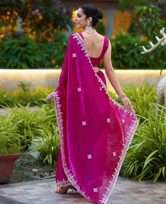 Pink embroidery work shimmer chiffon saree with unstitched blouse 4