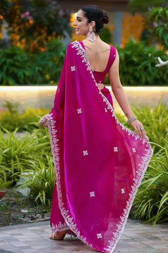 Pink embroidery work shimmer chiffon saree with unstitched blouse