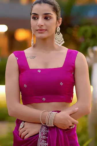 Pink embroidery work shimmer chiffon saree with unstitched blouse