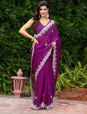 Purple embroidery work shimmer chiffon saree with unstitched blouse 1