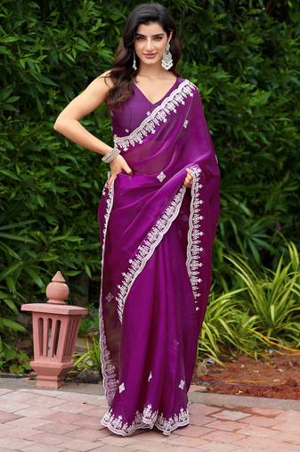 Purple embroidery work shimmer chiffon saree with unstitched blouse