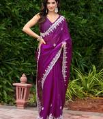 Purple embroidery work shimmer chiffon saree with unstitched blouse