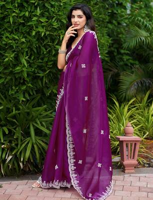Purple embroidery work shimmer chiffon saree with unstitched blouse 2
