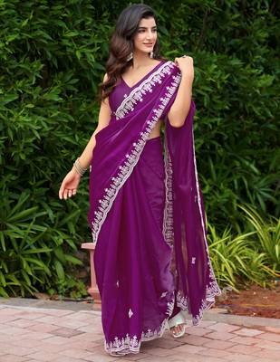 Purple embroidery work shimmer chiffon saree with unstitched blouse 3