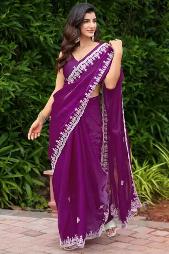 Purple embroidery work shimmer chiffon saree with unstitched blouse