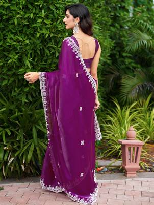Purple embroidery work shimmer chiffon saree with unstitched blouse 4