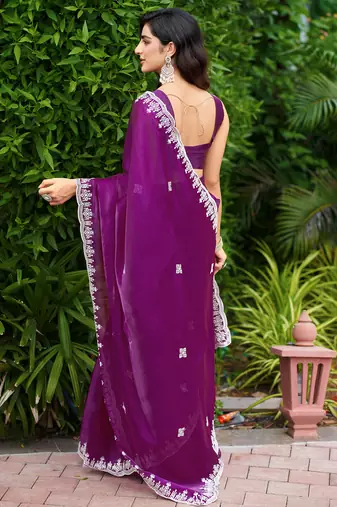 Purple embroidery work shimmer chiffon saree with unstitched blouse