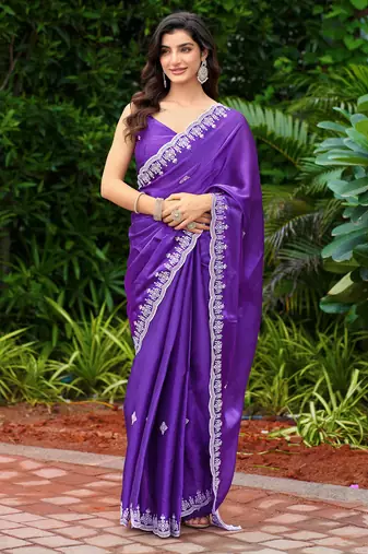 Purple-blue embroidery work shimmer chiffon saree with unstitched blouse