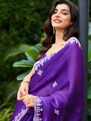 Purple-blue embroidery work shimmer chiffon saree with unstitched blouse 2
