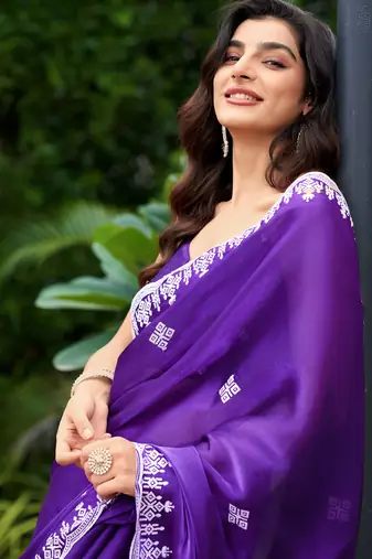 Purple-blue embroidery work shimmer chiffon saree with unstitched blouse