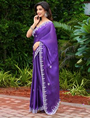 Purple-blue embroidery work shimmer chiffon saree with unstitched blouse 3