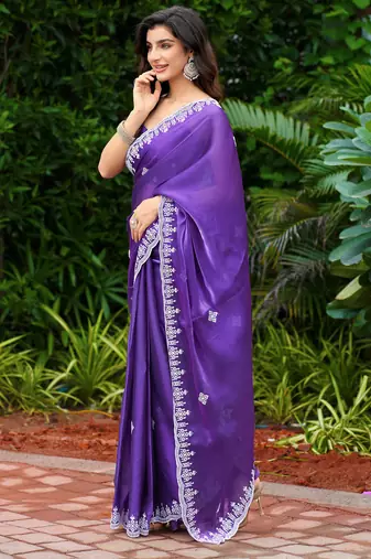 Purple-blue embroidery work shimmer chiffon saree with unstitched blouse