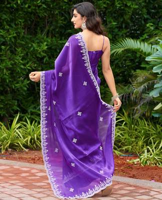 Purple-blue embroidery work shimmer chiffon saree with unstitched blouse 4