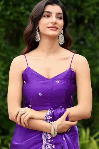 Purple-blue embroidery work shimmer chiffon saree with unstitched blouse