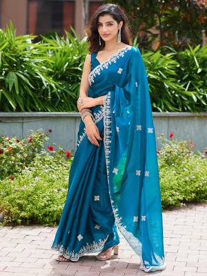 Teal embroidery work shimmer chiffon saree with unstitched blouse 1