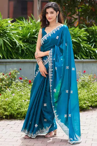 Teal embroidery work shimmer chiffon saree with unstitched blouse