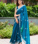 Teal embroidery work shimmer chiffon saree with unstitched blouse