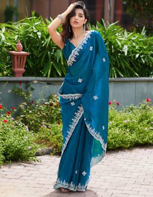 Teal embroidery work shimmer chiffon saree with unstitched blouse 3
