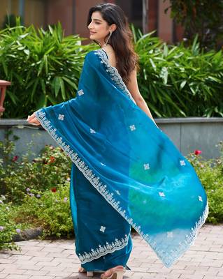 Teal embroidery work shimmer chiffon saree with unstitched blouse 4